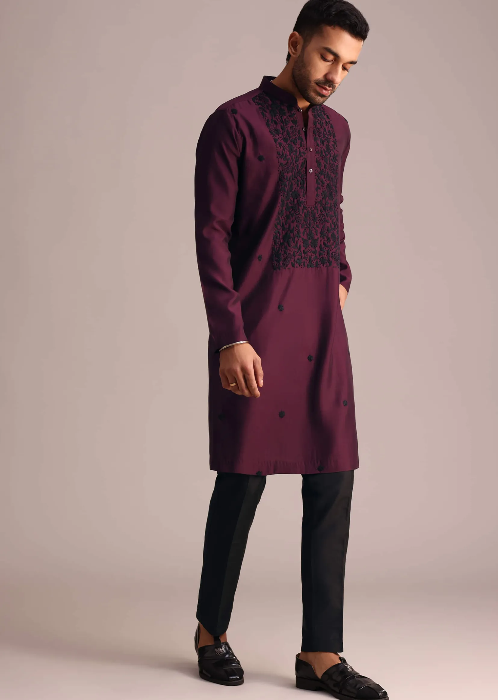 Wine Resham Work Kurta Set