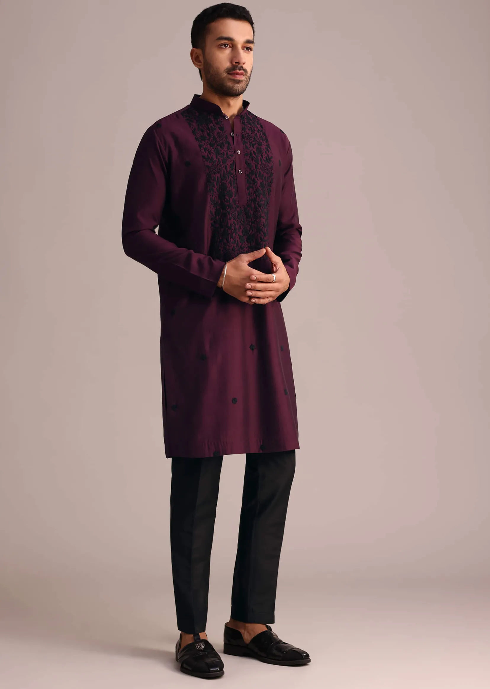 Wine Resham Work Kurta Set