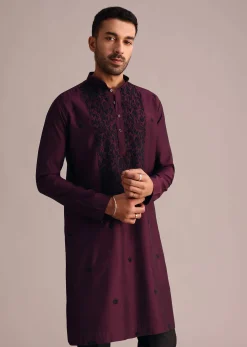 Wine Resham Work Kurta Set