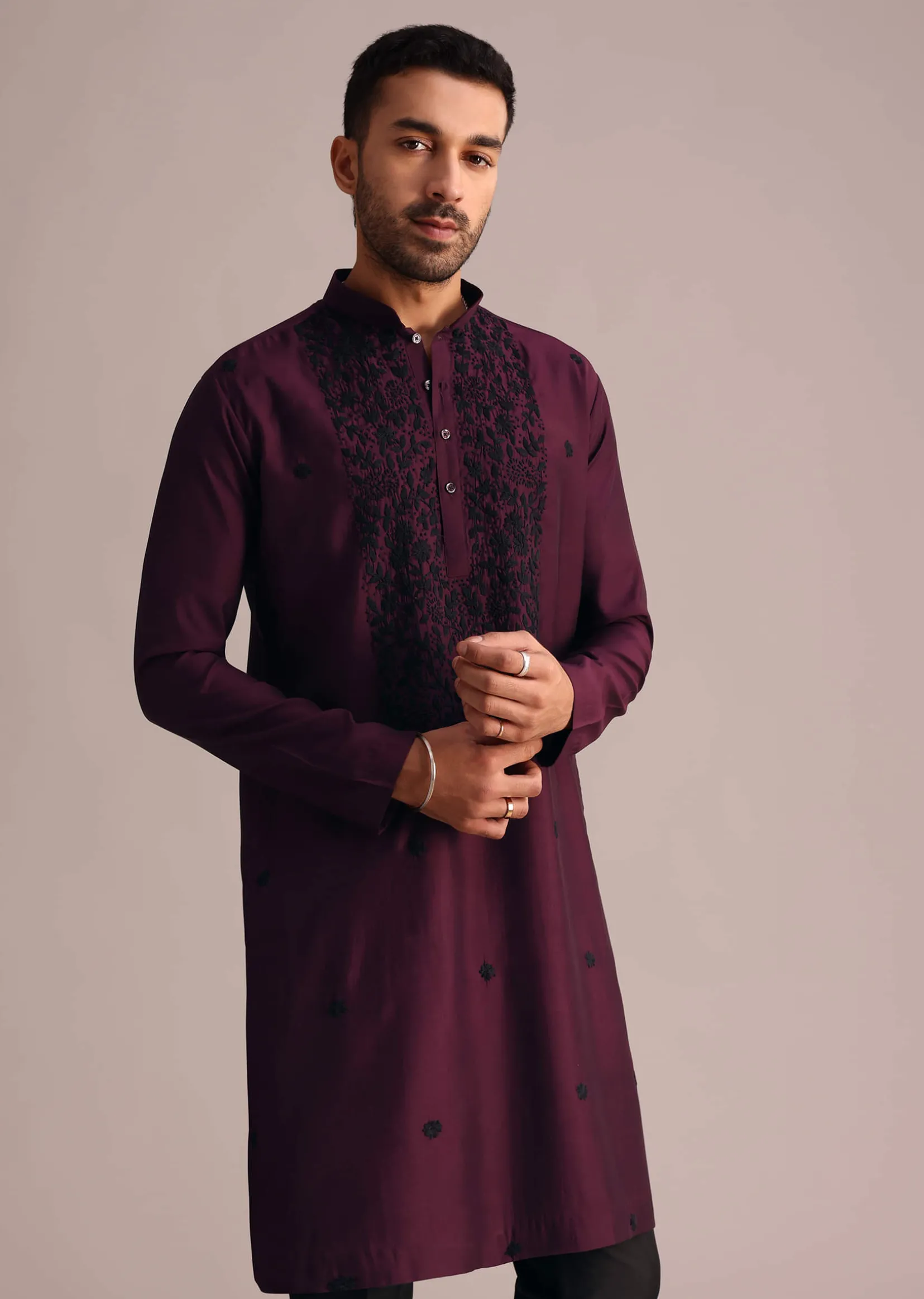 Wine Resham Work Kurta Set