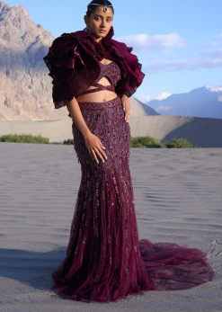 Wine Ruffle Embroidered Fish Cut Lehenga With Long Trail And Jacket