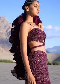 Wine Ruffle Embroidered Fish Cut Lehenga With Long Trail And Jacket