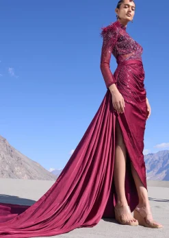 Wine Satin Embroidered High Slit Draped Gown With Side Trail