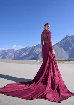 Wine Satin Embroidered High Slit Draped Gown With Side Trail