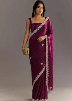 Wine Satin Embroidered Saree With Gota Patti And Zardosi Work