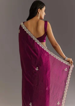 Wine Satin Embroidered Saree With Gota Patti And Zardosi Work