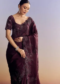 Wine Satin Saree With Heavy Floral Embroidery In Sequins And Cutdana