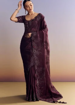 Wine Satin Saree With Heavy Floral Embroidery In Sequins And Cutdana
