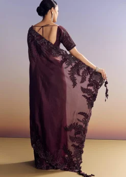 Wine Satin Saree With Heavy Floral Embroidery In Sequins And Cutdana