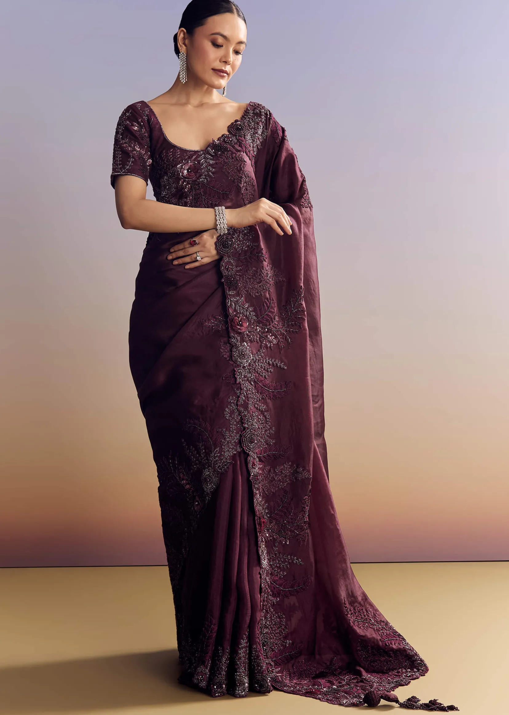 Wine Satin Saree With Heavy Floral Embroidery In Sequins And Cutdana