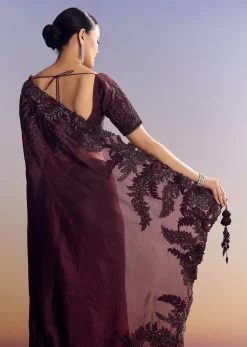 Wine Satin Saree With Heavy Floral Embroidery In Sequins And Cutdana