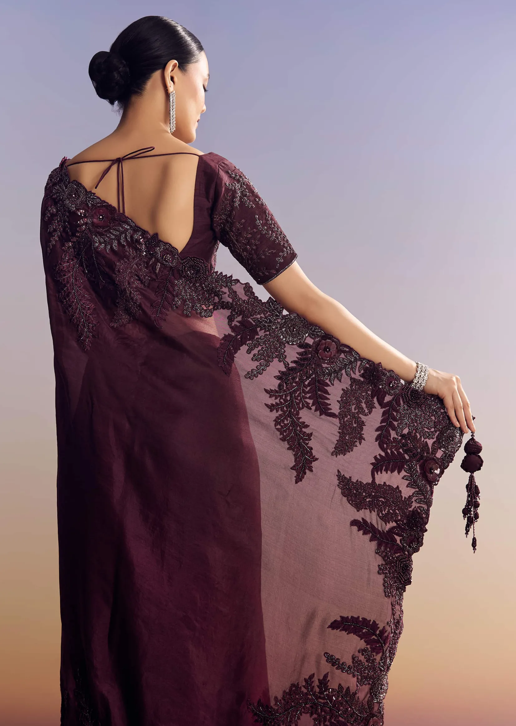 Wine Satin Saree With Heavy Floral Embroidery In Sequins And Cutdana
