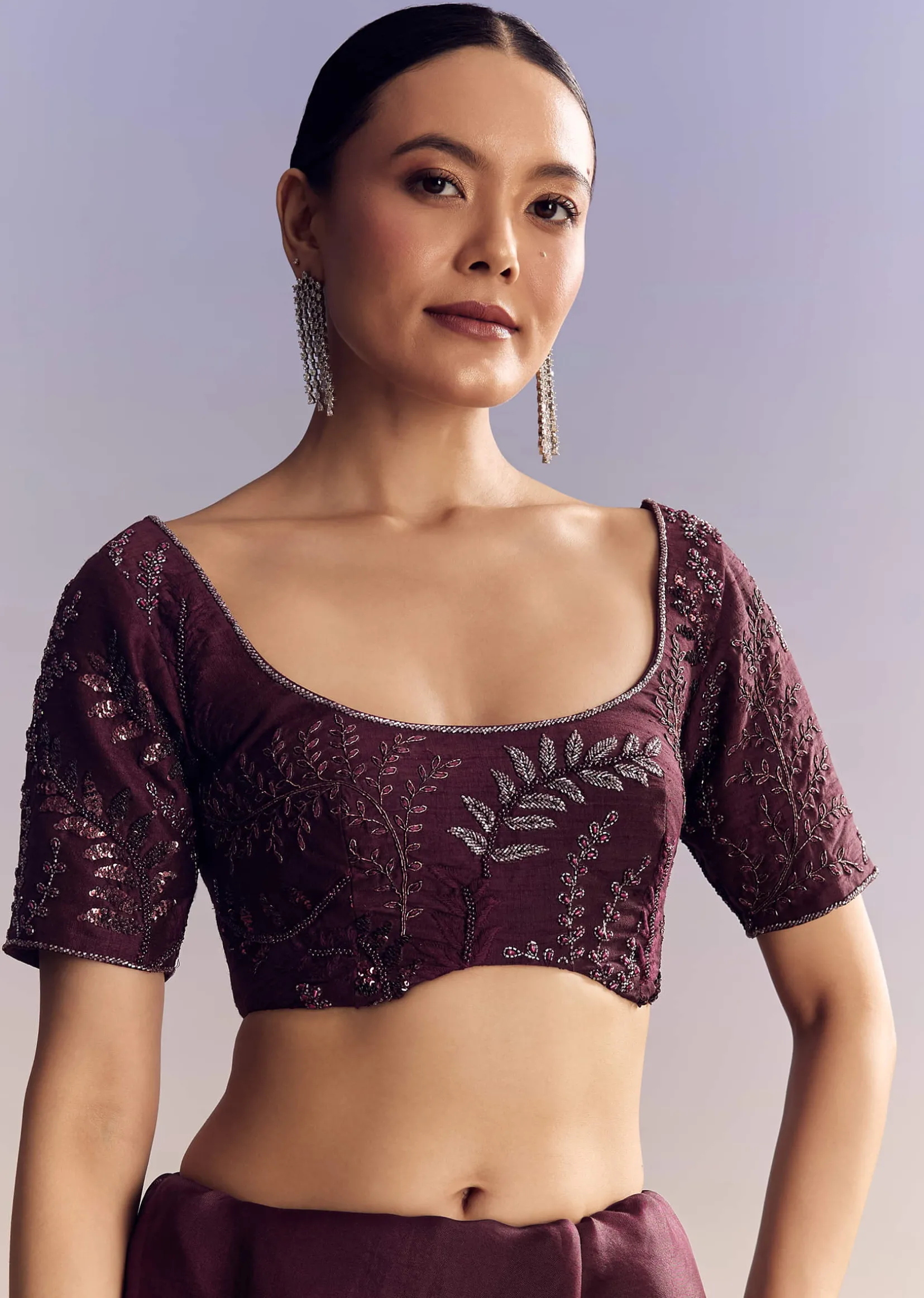 Wine Satin Saree With Heavy Floral Embroidery In Sequins And Cutdana