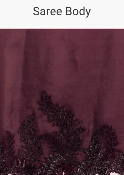 Wine Satin Saree With Heavy Floral Embroidery In Sequins And Cutdana