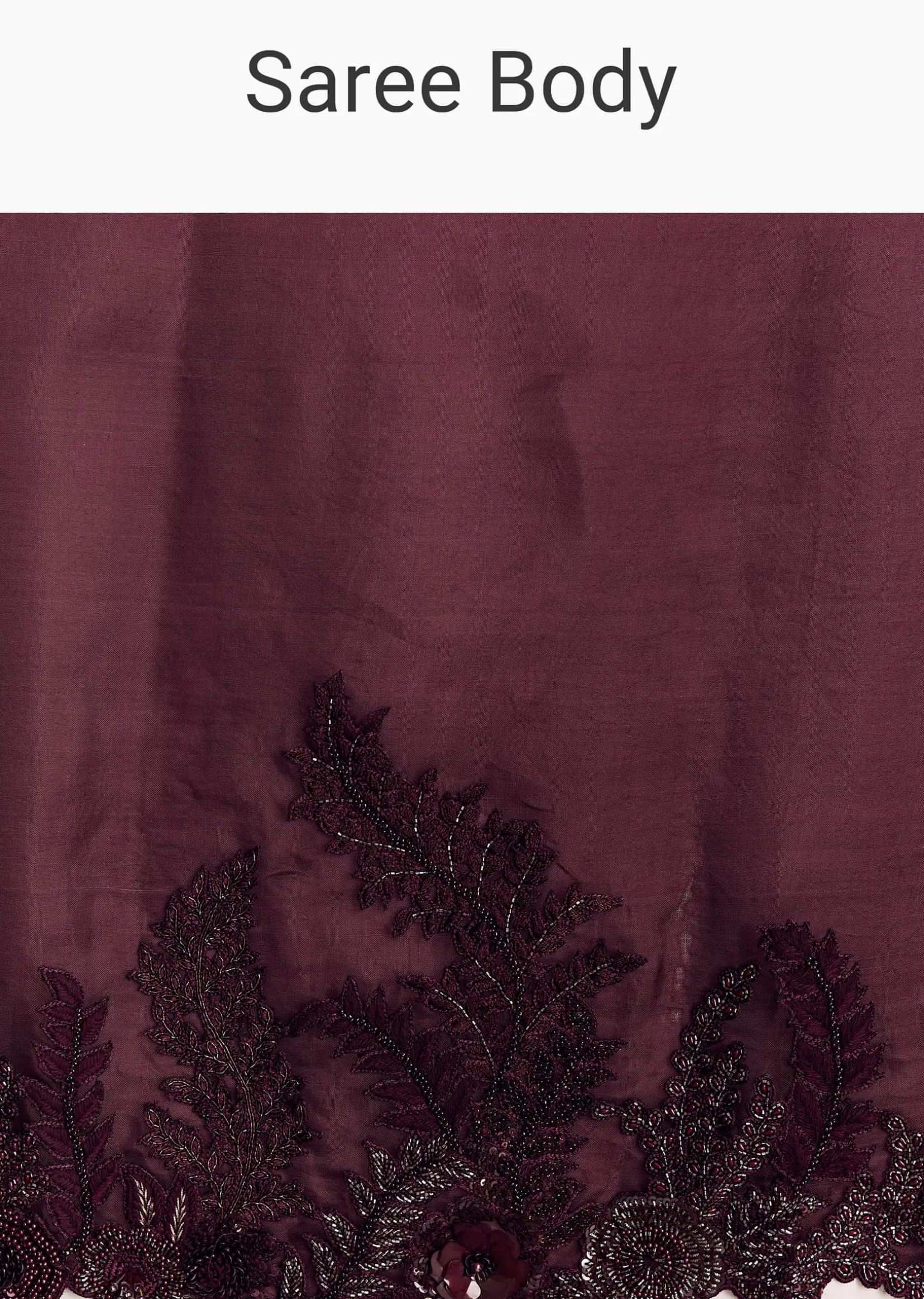 Wine Satin Saree With Heavy Floral Embroidery In Sequins And Cutdana