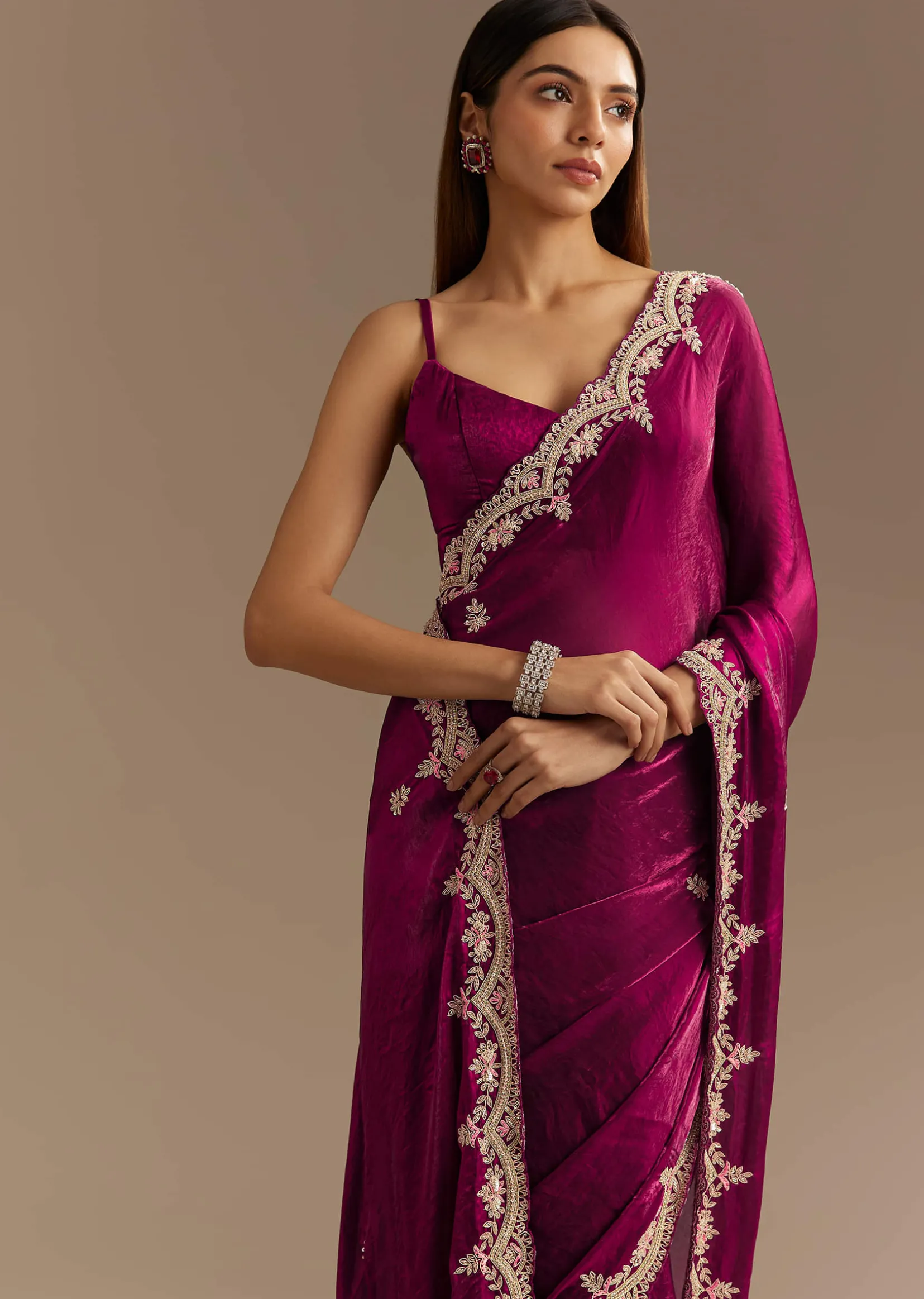 Wine Satin Sequins Saree With Zardosi Cutdana Embroidery And Scallop Border