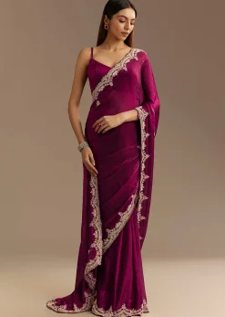 Wine Satin Sequins Saree With Zardosi Cutdana Embroidery And Scallop Border