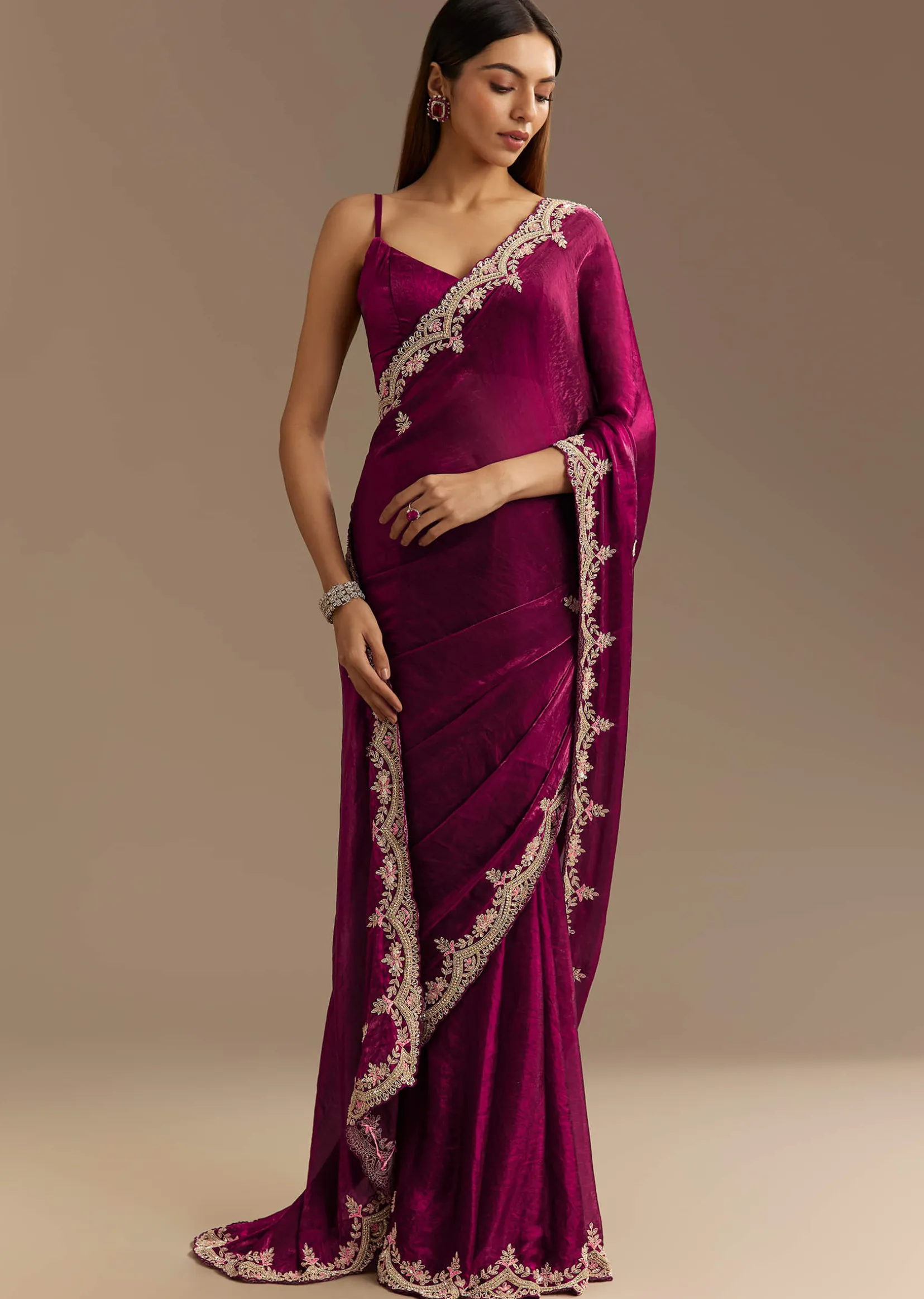 Wine Satin Sequins Saree With Zardosi Cutdana Embroidery And Scallop Border