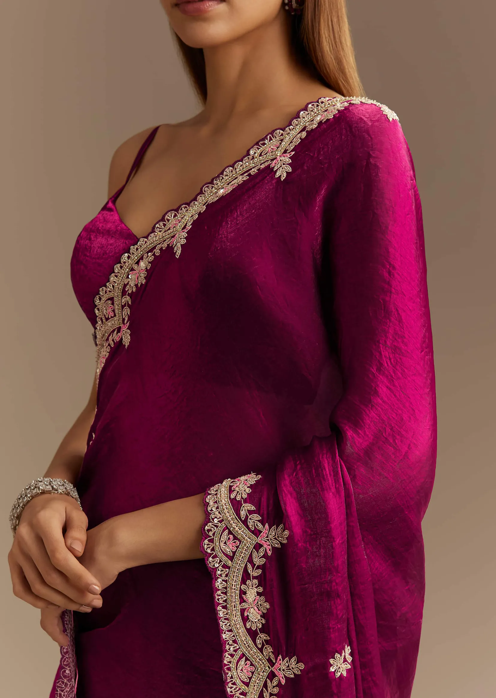 Wine Satin Sequins Saree With Zardosi Cutdana Embroidery And Scallop Border
