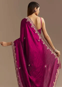 Wine Satin Sequins Saree With Zardosi Cutdana Embroidery And Scallop Border