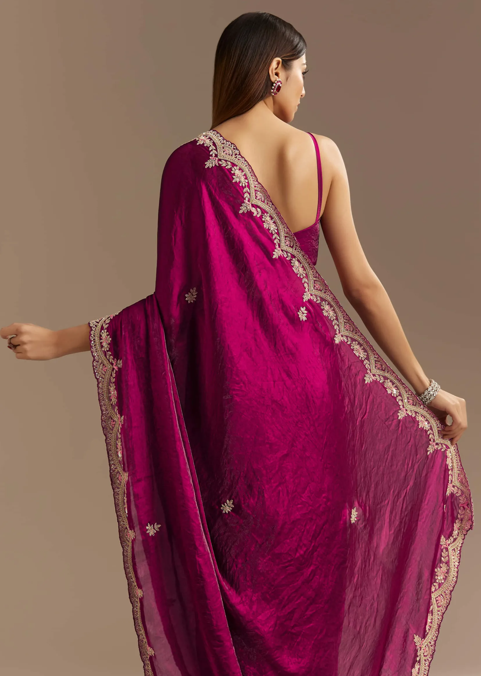 Wine Satin Sequins Saree With Zardosi Cutdana Embroidery And Scallop Border
