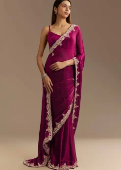 Wine Satin Sequins Saree With Zardosi Cutdana Embroidery And Scallop Border