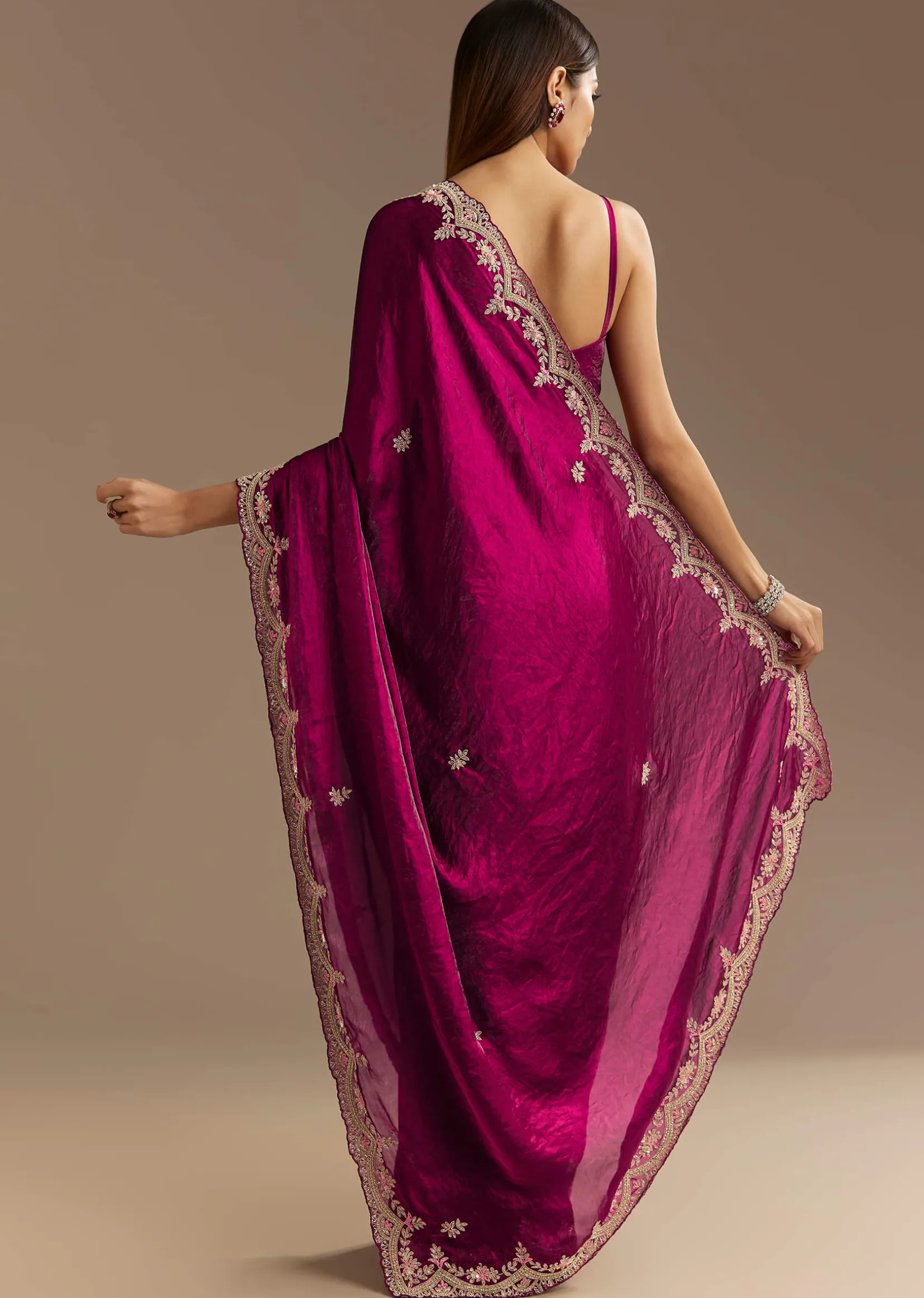 Wine Satin Sequins Saree With Zardosi Cutdana Embroidery And Scallop Border