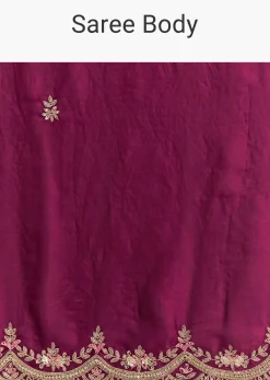 Wine Satin Sequins Saree With Zardosi Cutdana Embroidery And Scallop Border