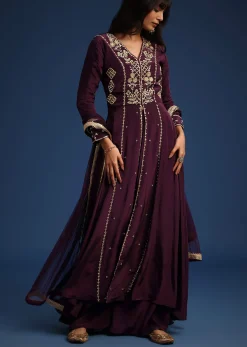 Wine Satin Zardozi Embroidered Anarkali And Palazzo Set