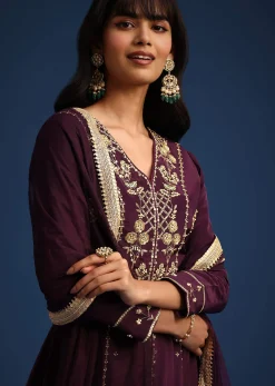 Wine Satin Zardozi Embroidered Anarkali And Palazzo Set