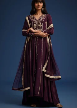Wine Satin Zardozi Embroidered Anarkali And Palazzo Set
