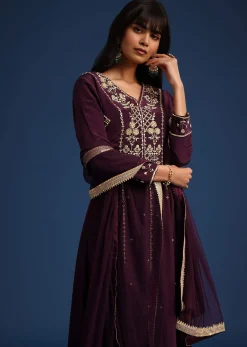 Wine Satin Zardozi Embroidered Anarkali And Palazzo Set