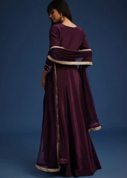 Wine Satin Zardozi Embroidered Anarkali And Palazzo Set