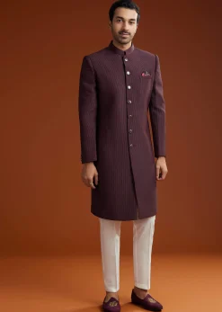 Wine Sherwani Set With Minimalist Design
