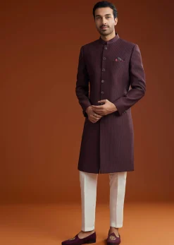 Wine Sherwani Set With Minimalist Design