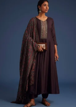 Wine Silk Anarkali Set With Ajrakh Print Dupatta