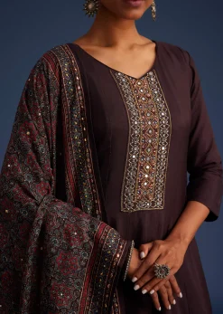 Wine Silk Anarkali Set With Ajrakh Print Dupatta