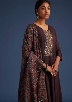 Wine Silk Anarkali Set With Ajrakh Print Dupatta
