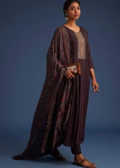 Wine Silk Anarkali Set With Ajrakh Print Dupatta