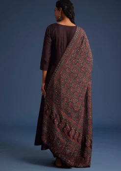 Wine Silk Anarkali Set With Ajrakh Print Dupatta