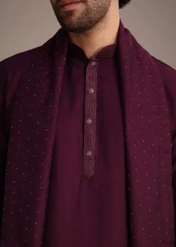 Wine Silk Blend Kurta Set With Thread Work Dupatta