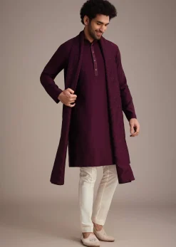Wine Silk Blend Kurta Set With Thread Work Dupatta