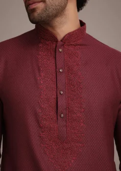 Wine Silk Blend Thread Hand Embroidered Kurta Set