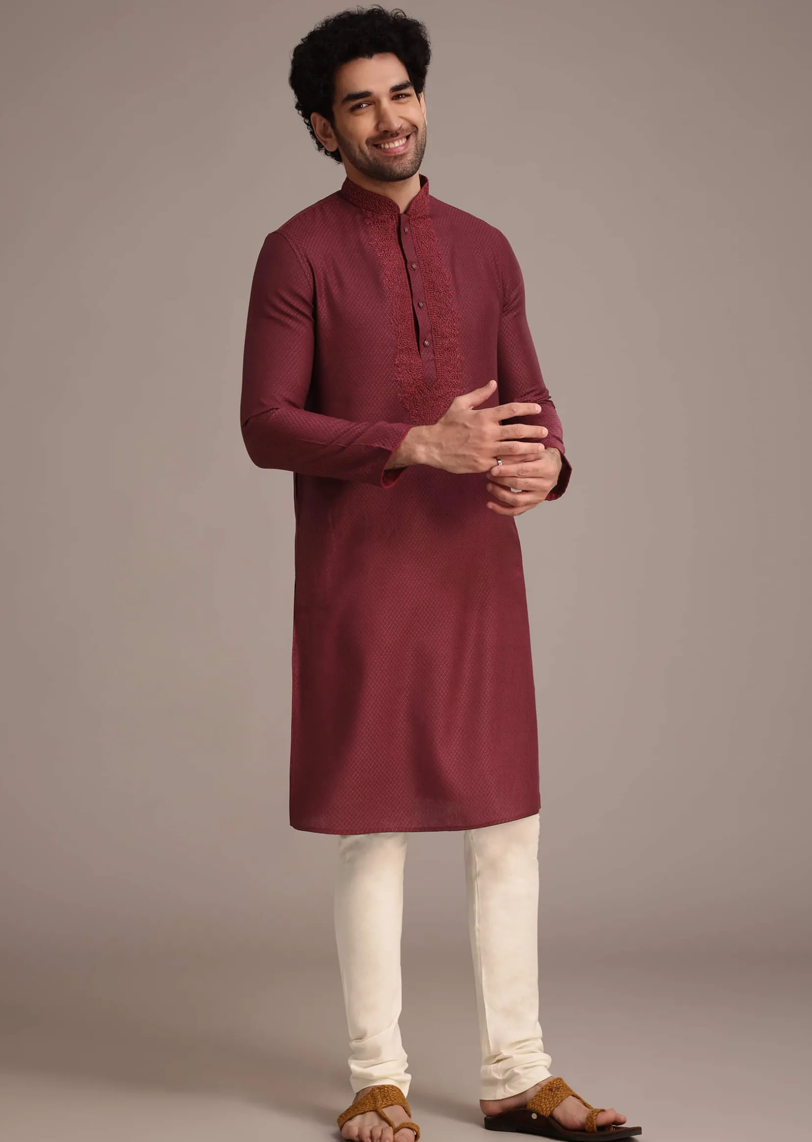 Wine Silk Blend Thread Hand Embroidered Kurta Set
