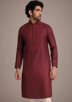 Wine Silk Blend Thread Hand Embroidered Kurta Set