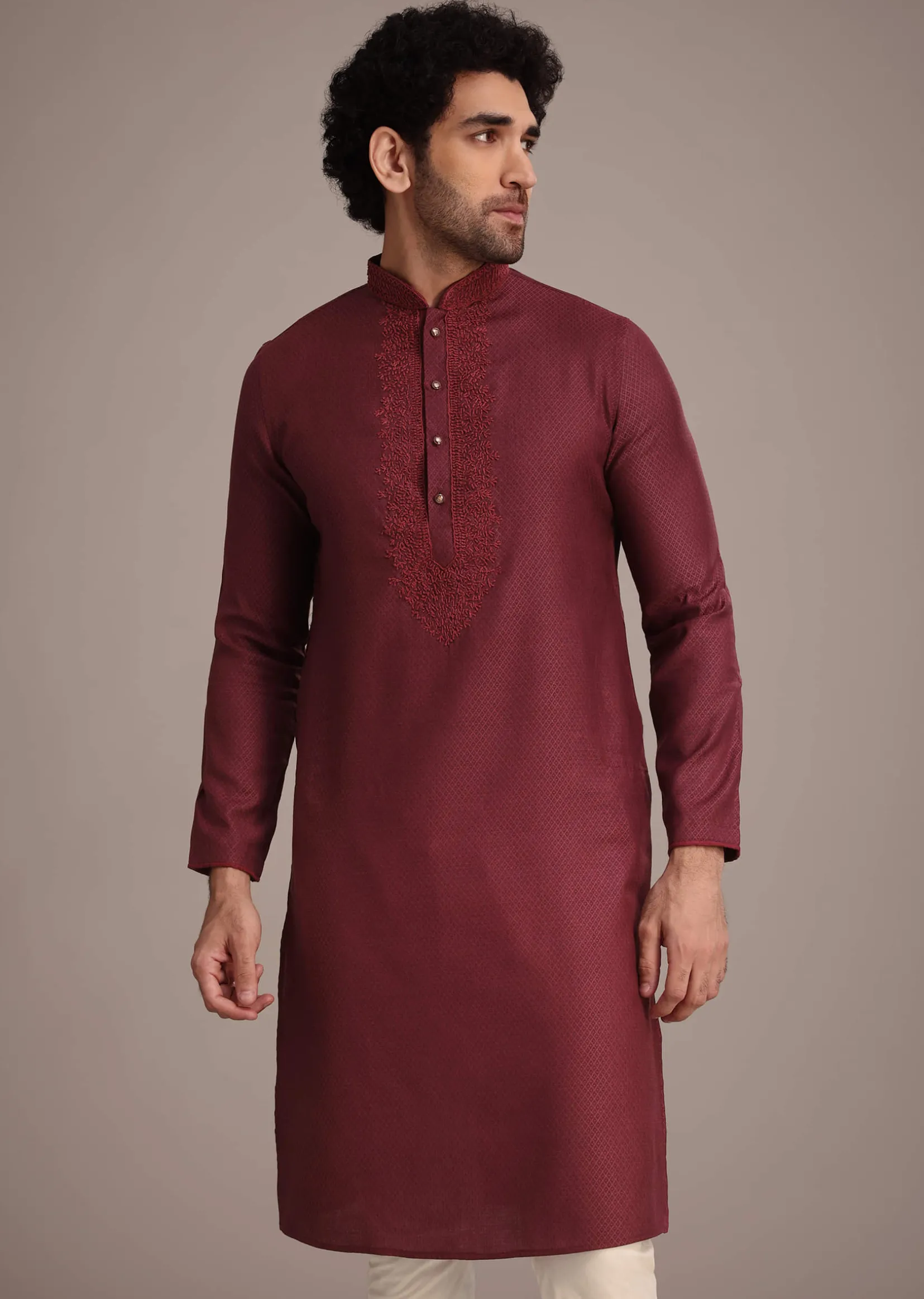 Wine Silk Blend Thread Hand Embroidered Kurta Set