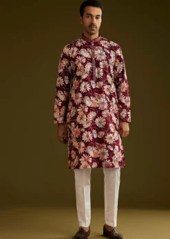 Wine Silk Floral Printed Kurta Set With Stone Work