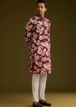 Wine Silk Floral Printed Kurta Set With Stone Work