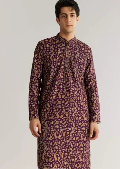 Wine Silk Floral Printed Kurta Set With Cutdana Work