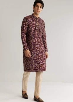 Wine Silk Floral Printed Kurta Set With Cutdana Work